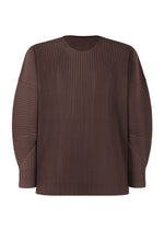 The MONTHLY COLORS : JANUARY by HOMME PLISSÉ ISSEY MIYAKE is a lightweight brown long-sleeved crew neck sweater with an all-over ribbed pleated texture, shown on a plain white background. - EGG PLANT BLACK （no.18）