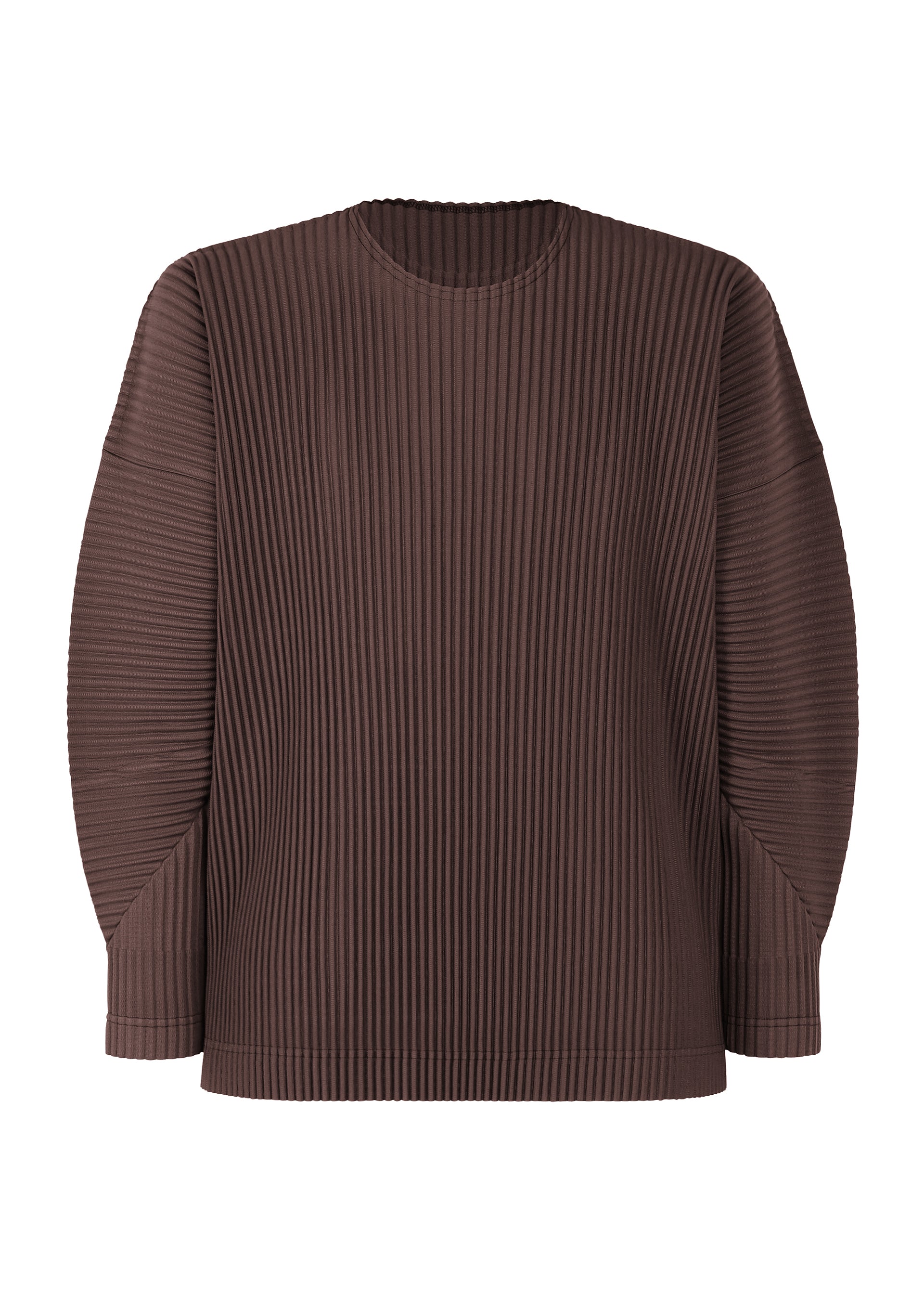 Zoomed view The MONTHLY COLORS : JANUARY by HOMME PLISSÉ ISSEY MIYAKE is a lightweight brown long-sleeved crew neck sweater with an all-over ribbed pleated texture, shown on a plain white background. - EGG PLANT BLACK （no.18）