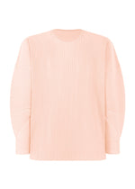 The MONTHLY COLORS : JANUARY by HOMME PLISSÉ ISSEY MIYAKE is a light pink, long-sleeve ribbed sweater featuring a round neckline and relaxed fit—perfect for effortless everyday comfort.