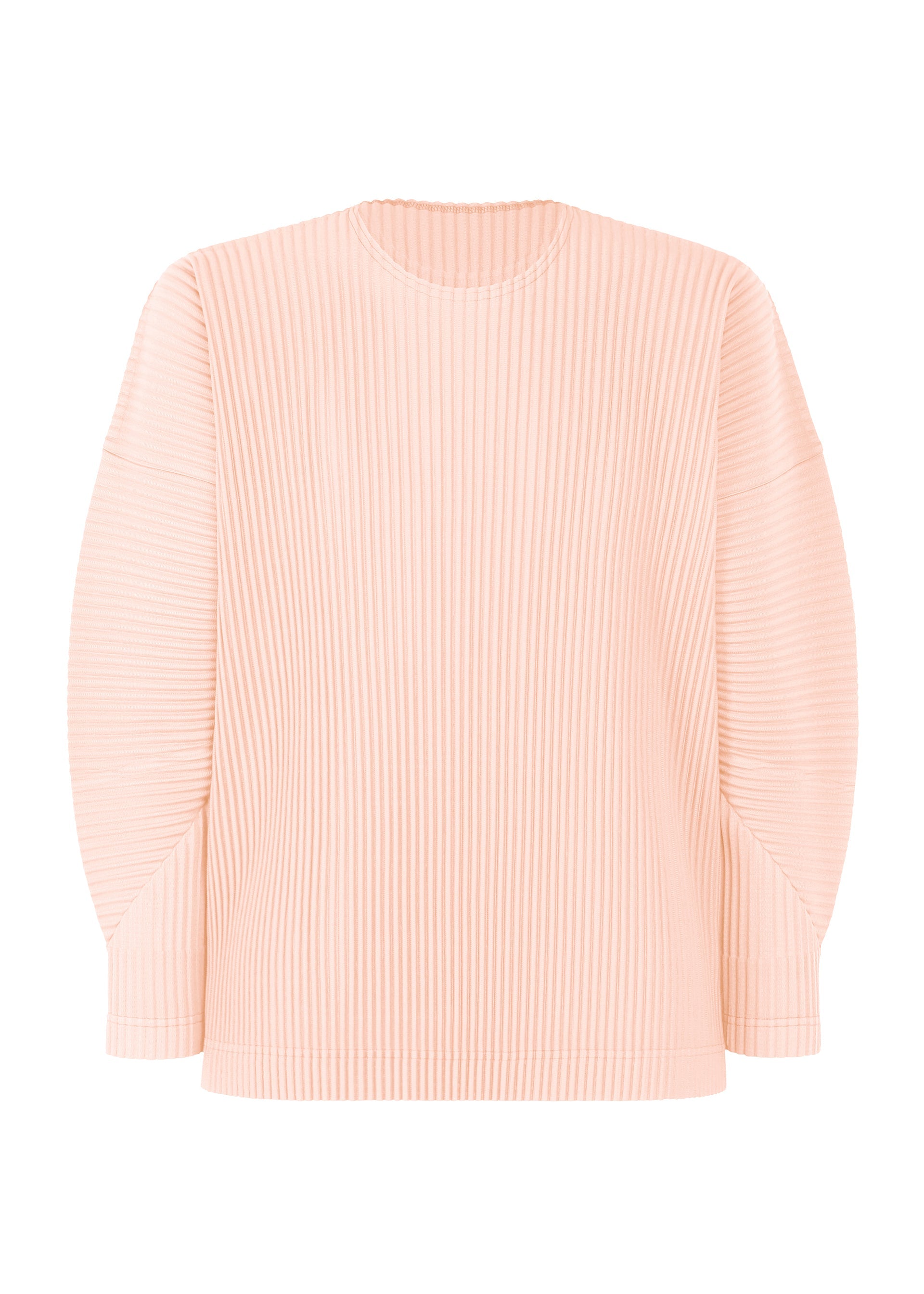 Zoomed view The MONTHLY COLORS : JANUARY by HOMME PLISSÉ ISSEY MIYAKE is a light pink, long-sleeve ribbed sweater featuring a round neckline and relaxed fit—perfect for effortless everyday comfort.