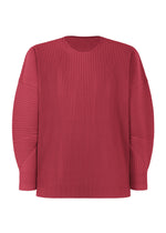 The MONTHLY COLORS : JANUARY by HOMME PLISSÉ ISSEY MIYAKE is a lightweight, deep red ribbed long-sleeve pullover with a crew neck and relaxed fit, shown against a white background for all-day comfort. - LIGURIA GRAPE RED （no.26）
