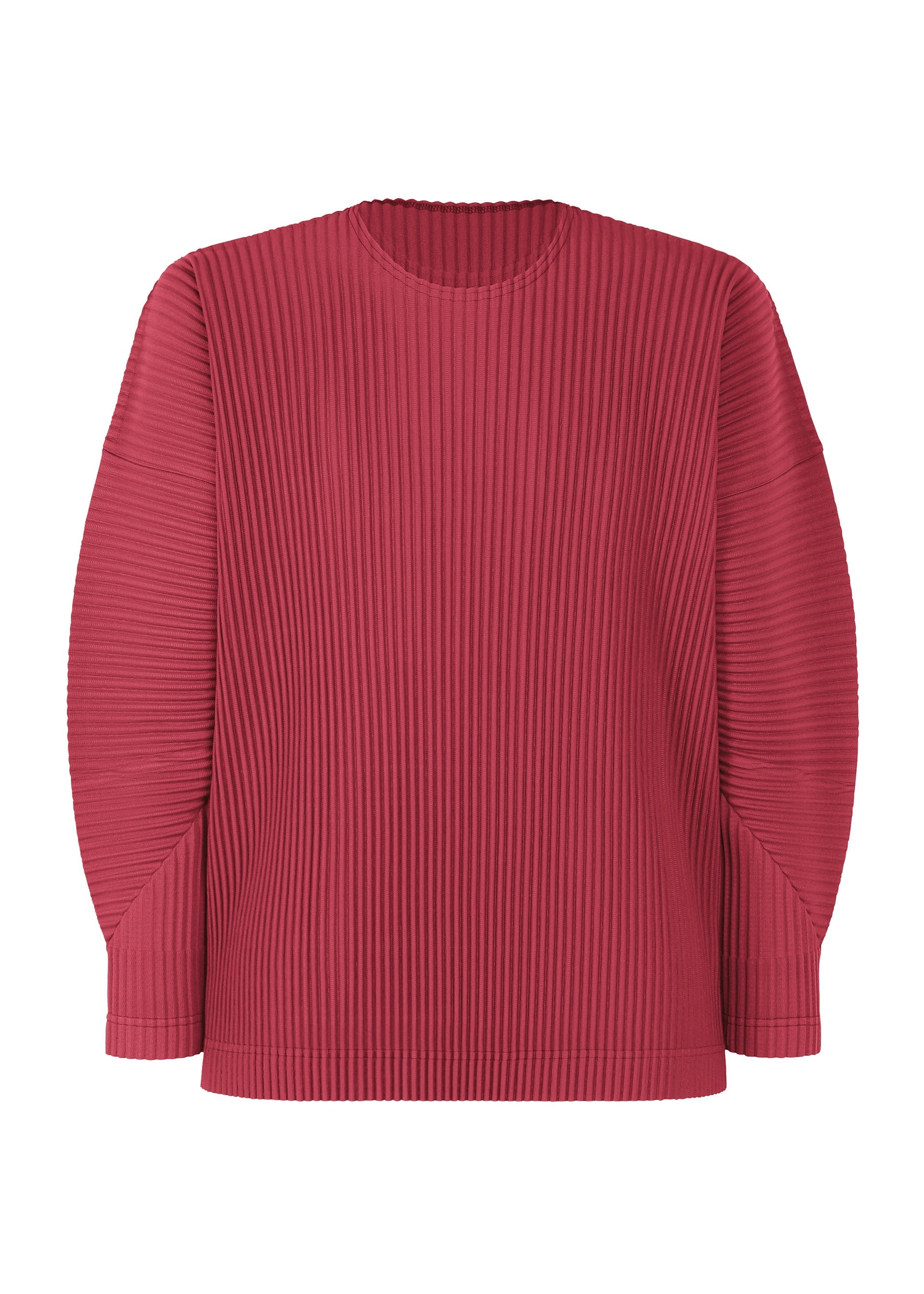 Zoomed view The MONTHLY COLORS : JANUARY by HOMME PLISSÉ ISSEY MIYAKE is a lightweight, deep red ribbed long-sleeve pullover with a crew neck and relaxed fit, shown against a white background for all-day comfort. - LIGURIA GRAPE RED （no.26）