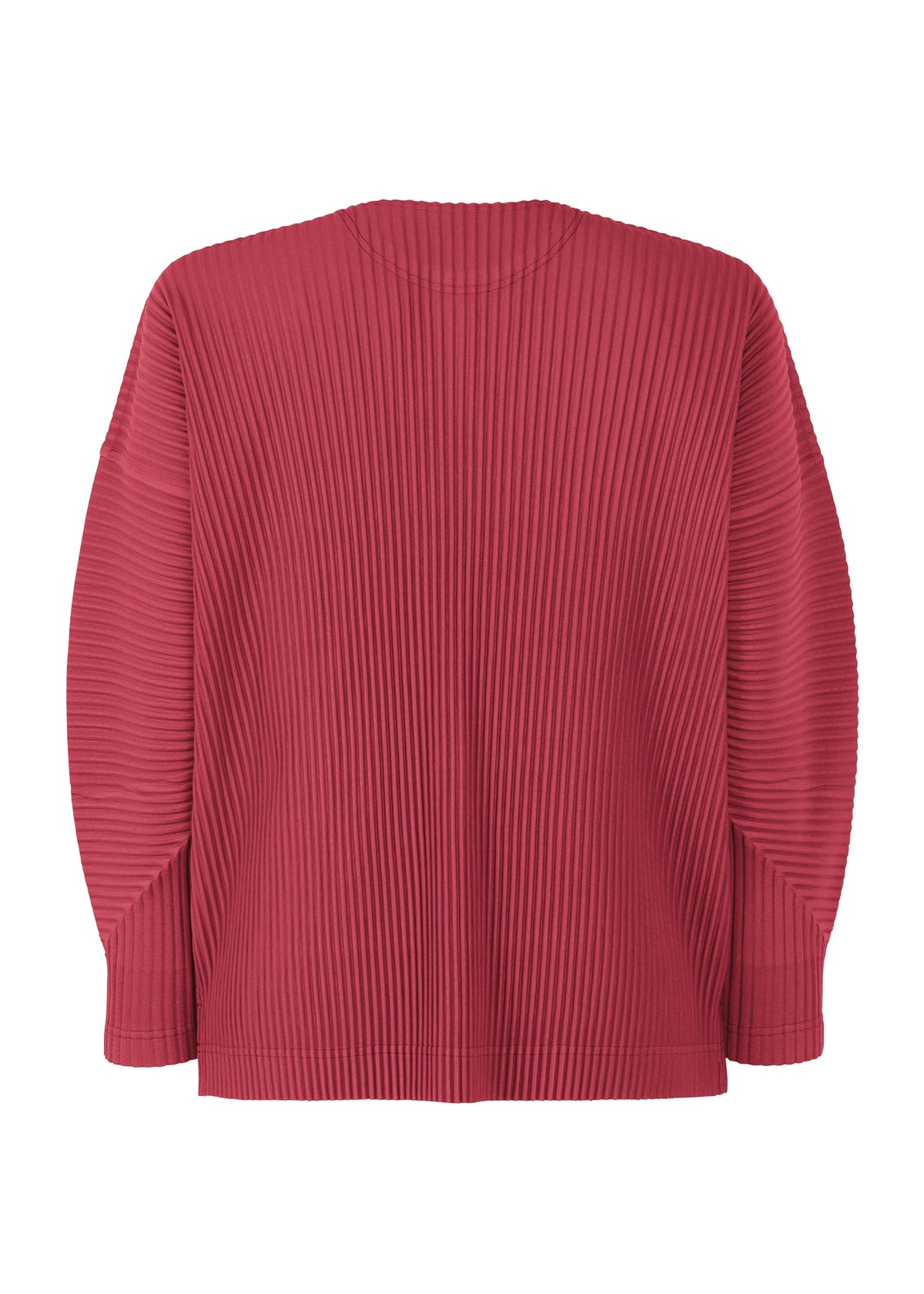 The MONTHLY COLORS : JANUARY top by HOMME PLISSÉ ISSEY MIYAKE is a long-sleeved, loose, lightweight red ribbed round-neck shirt with vertical pleats for texture. Shown on a white background, it has no visible embellishments. view 5 of 8