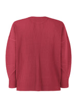 The MONTHLY COLORS : JANUARY top by HOMME PLISSÉ ISSEY MIYAKE is a long-sleeved, loose, lightweight red ribbed round-neck shirt with vertical pleats for texture. Shown on a white background, it has no visible embellishments.