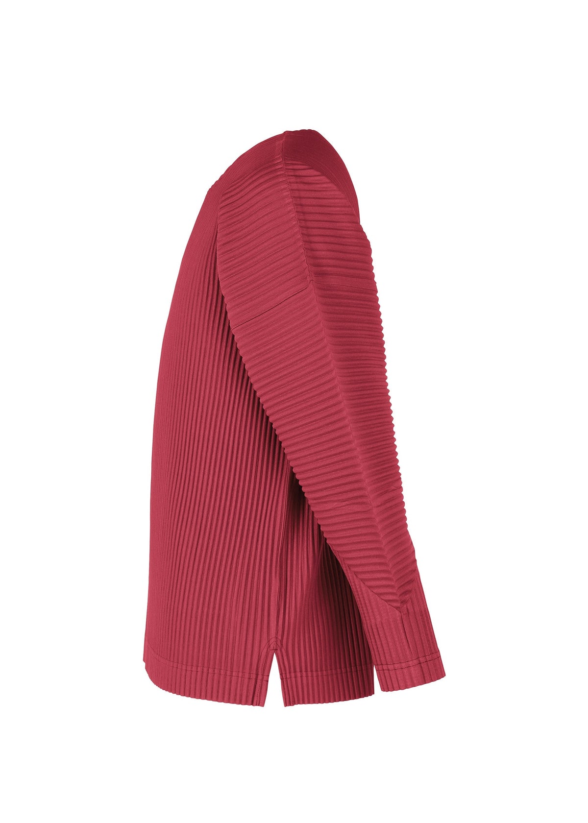 Side view of the HOMME PLISSÉ ISSEY MIYAKE MONTHLY COLORS : JANUARY top—a long-sleeved, ribbed red round-neck with vertical stripe texture, lightweight fabric, and a small slit at the hem. view 6 of 8