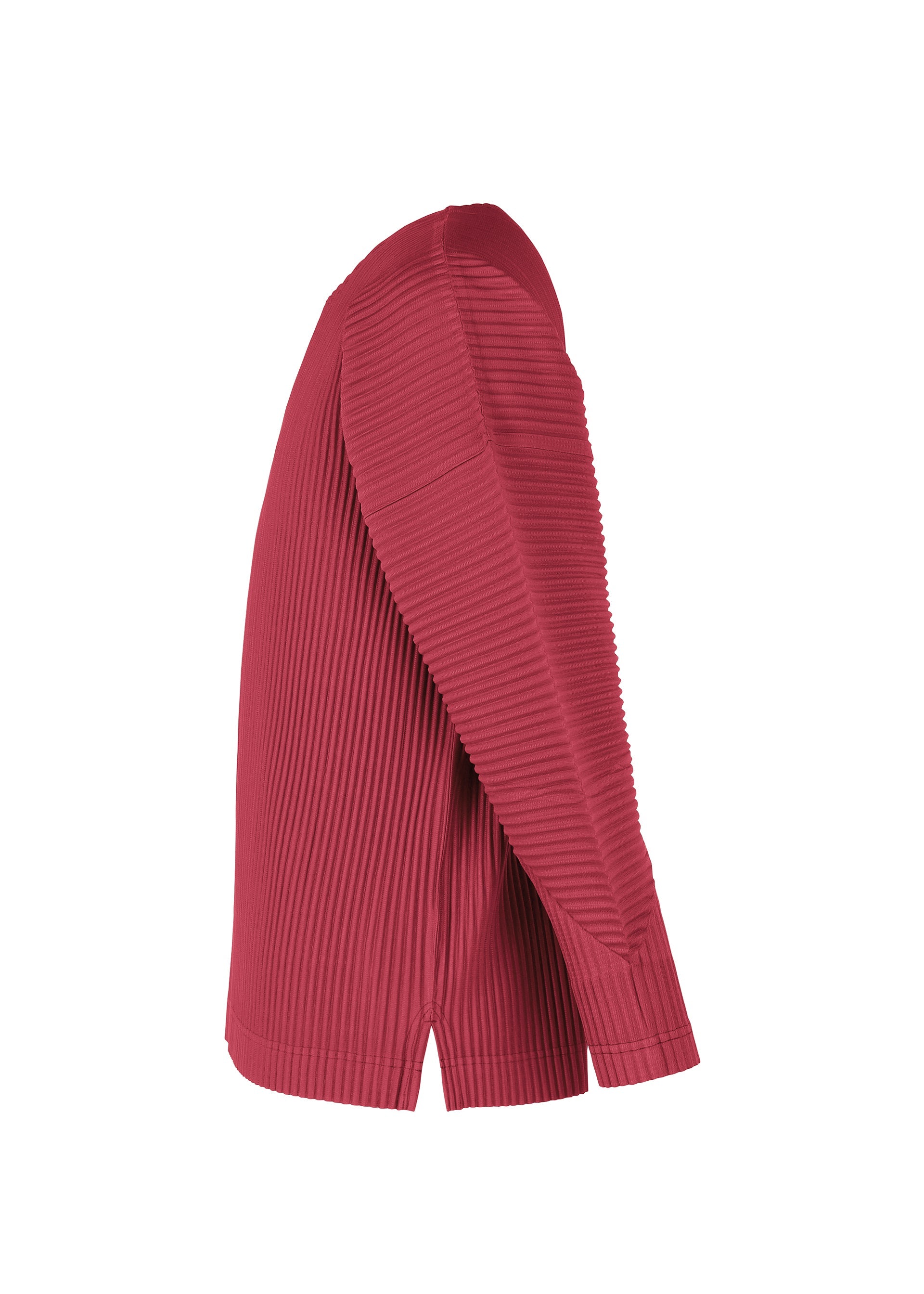 Zoomed view Side view of the HOMME PLISSÉ ISSEY MIYAKE MONTHLY COLORS : JANUARY top—a long-sleeved, ribbed red round-neck with vertical stripe texture, lightweight fabric, and a small slit at the hem.