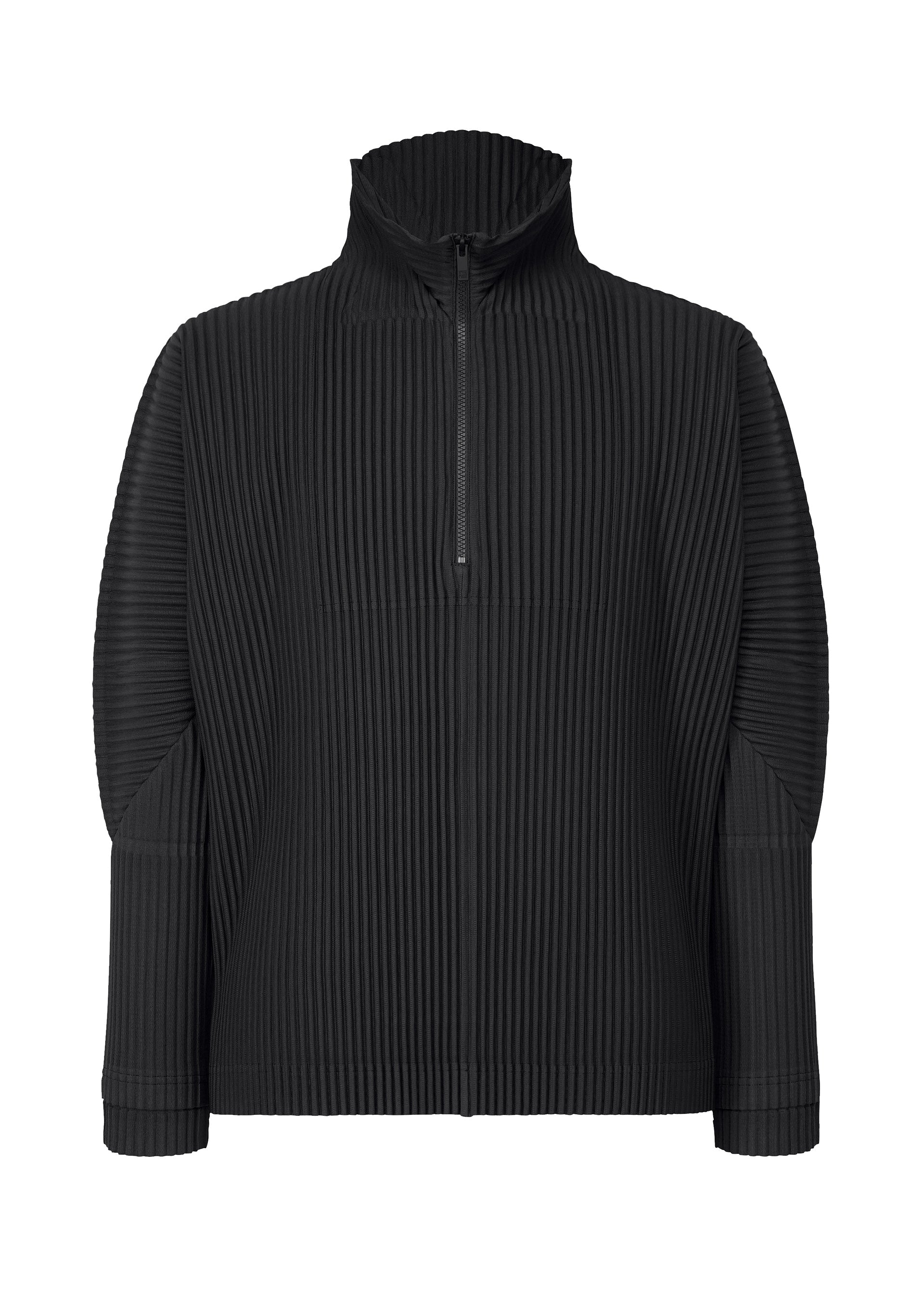 Zoomed view The MONTHLY COLORS : MARCH pullover by HOMME PLISSÉ ISSEY MIYAKE is a black, long-sleeve half-zip with a high collar, crafted from quick-drying polyester and finished with distinctive vertical ribbing. - BLACK (no.15)