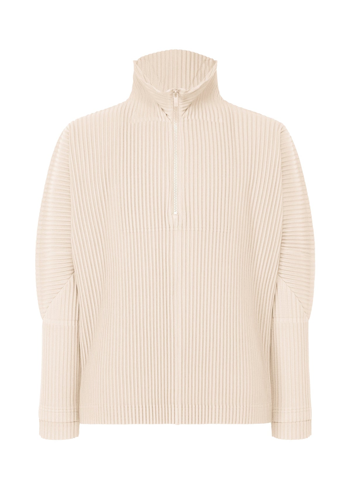 The MONTHLY COLORS : MARCH pullover by HOMME PLISSÉ ISSEY MIYAKE is a beige, long-sleeve half-zip with high collar, front zip, and quick-drying ribbed polyester fabric featuring vertical ridges for a structured look. view 2 of 7