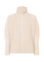 The MONTHLY COLORS : MARCH pullover by HOMME PLISSÉ ISSEY MIYAKE is a beige, long-sleeve half-zip with high collar, front zip, and quick-drying ribbed polyester fabric featuring vertical ridges for a structured look. - DUOMO BEIGE (no.42)