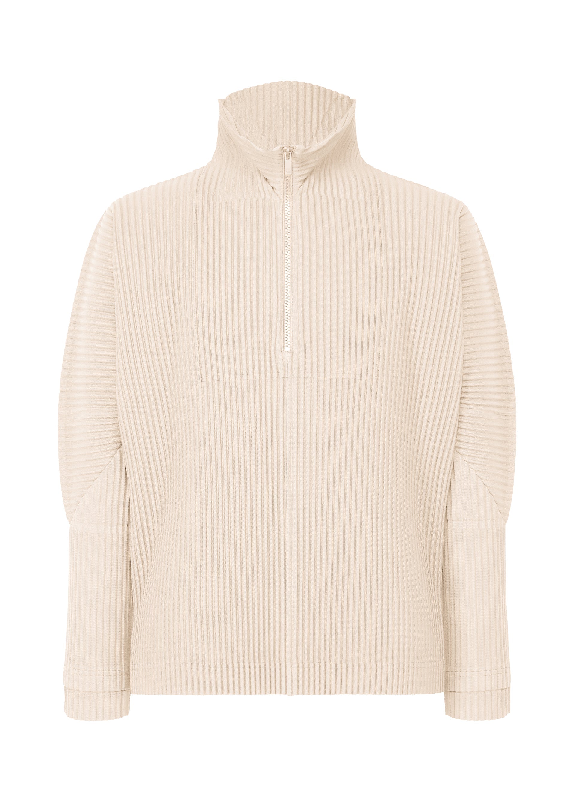 Zoomed view The MONTHLY COLORS : MARCH pullover by HOMME PLISSÉ ISSEY MIYAKE is a beige, long-sleeve half-zip with high collar, front zip, and quick-drying ribbed polyester fabric featuring vertical ridges for a structured look. - DUOMO BEIGE (no.42)