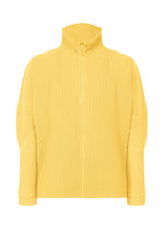 The MONTHLY COLORS : MARCH pullover by HOMME PLISSÉ ISSEY MIYAKE is a yellow, long-sleeved half-zip with quick-drying ribbed polyester, high collar, and vertical pleats for a modern, structured style. - AGAVE YELLOW (no.54)