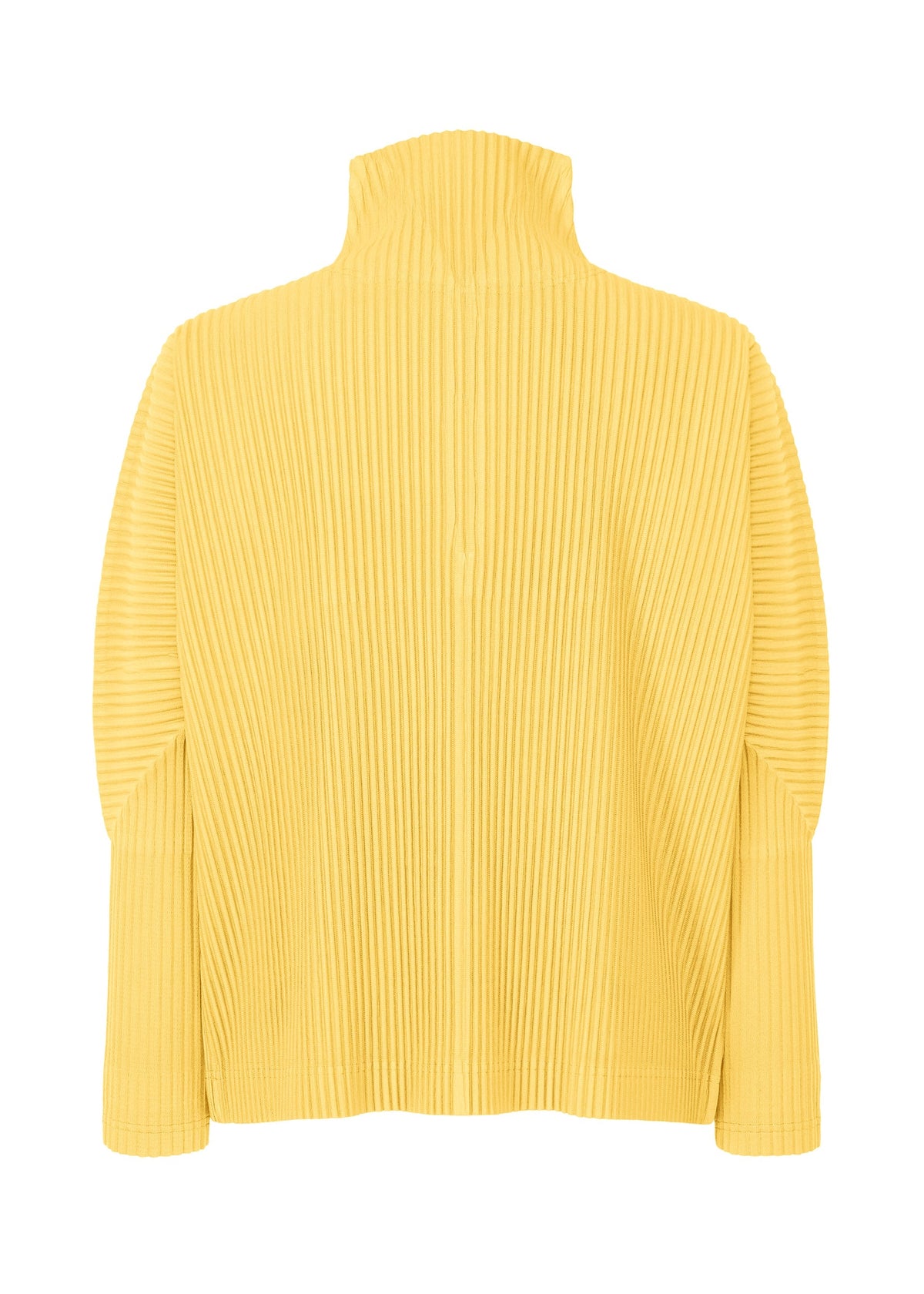 The MONTHLY COLORS : MARCH by HOMME PLISSÉ ISSEY MIYAKE is a yellow long-sleeve, half-zip pullover with a high collar and vertical pleats, made from quick-drying polyester, shown from the back on a white background. view 4 of 7