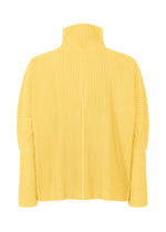 The MONTHLY COLORS : MARCH by HOMME PLISSÉ ISSEY MIYAKE is a yellow long-sleeve, half-zip pullover with a high collar and vertical pleats, made from quick-drying polyester, shown from the back on a white background.