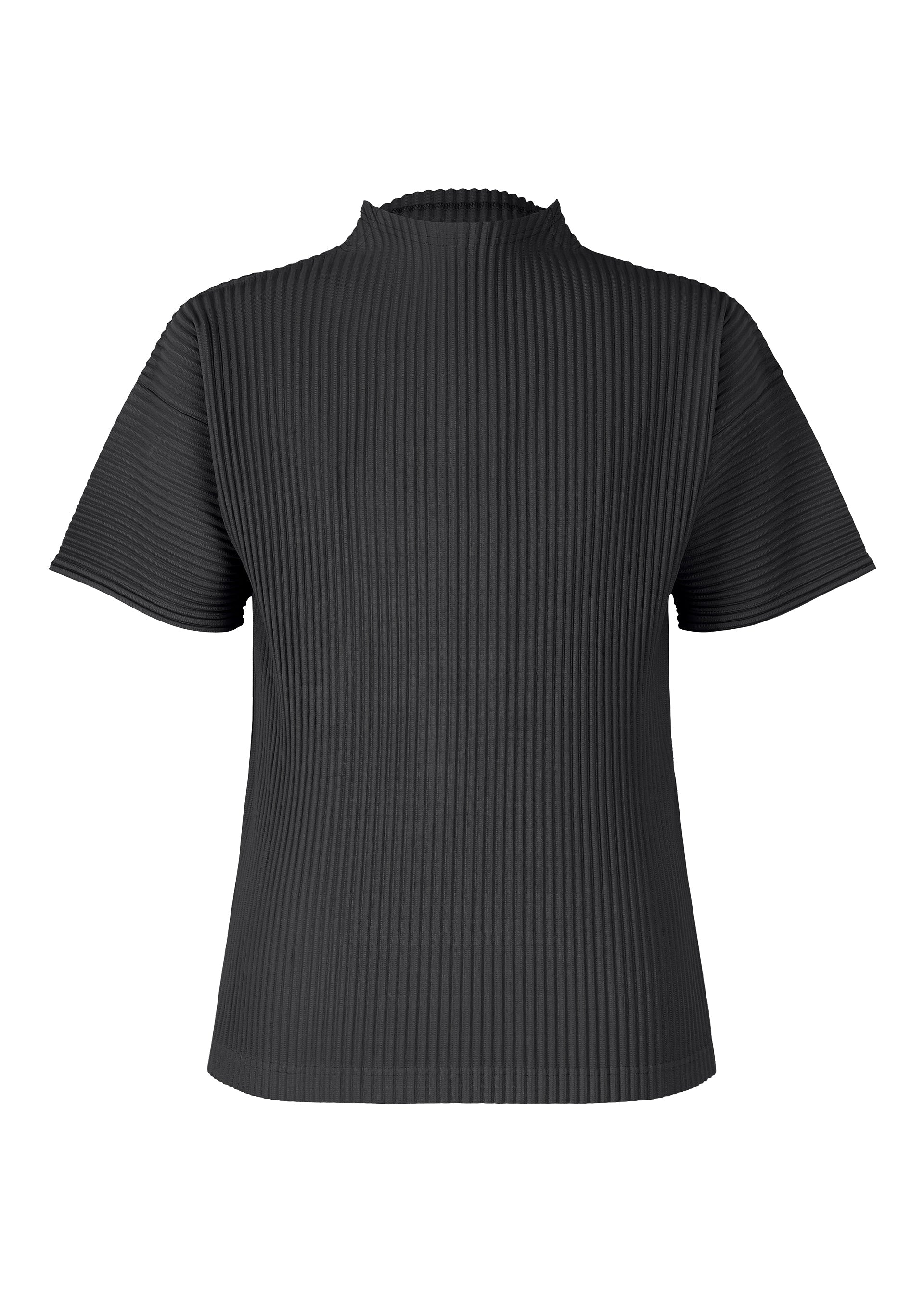 Zoomed view The MONTHLY COLORS : MARCH top by HOMME PLISSÉ ISSEY MIYAKE is a black, short-sleeved, mock-neck style with vertical ribbed texture in quick-drying polyester, shown from the back on a white background. - BLACK （no.15）