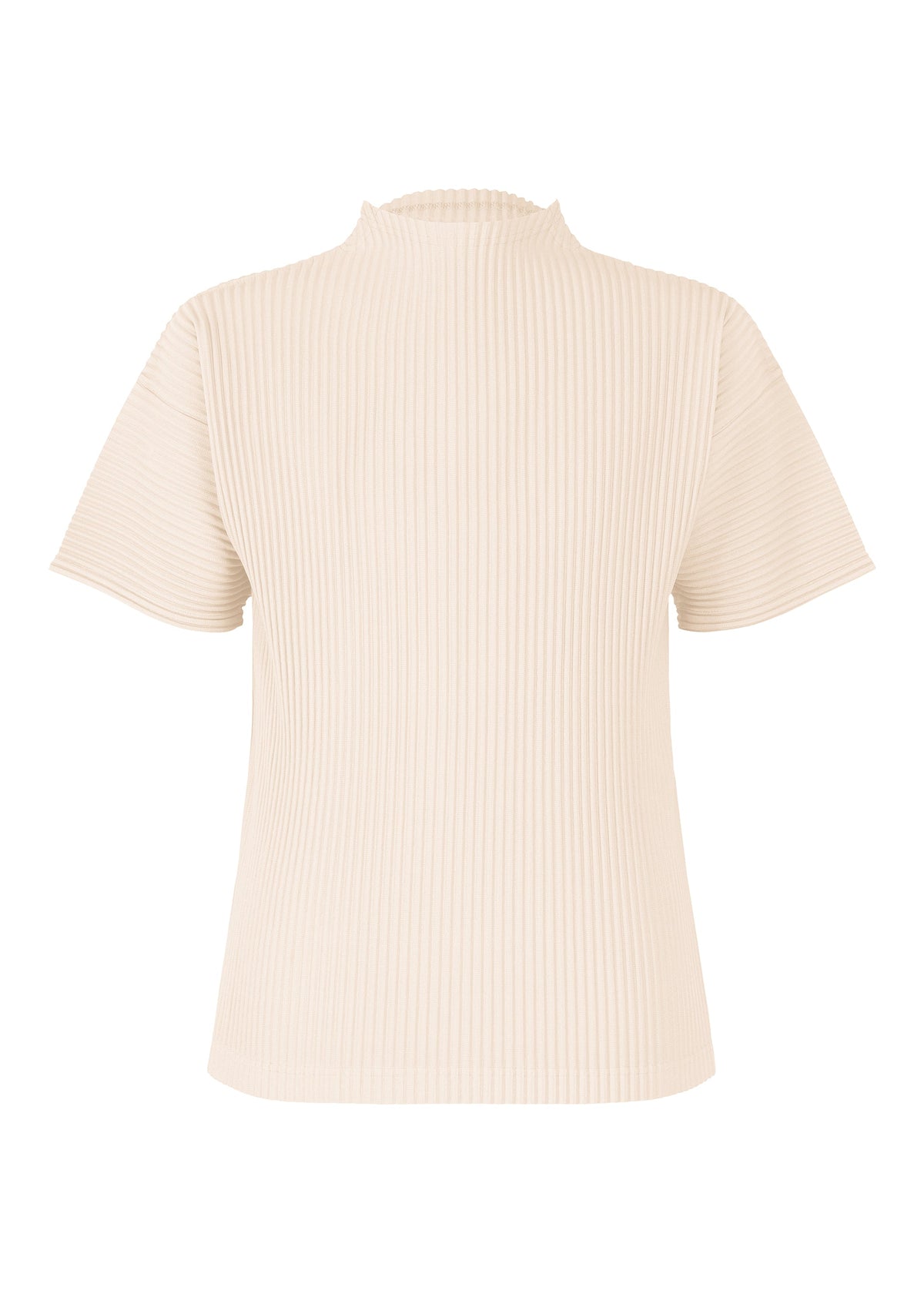 The MONTHLY COLORS : MARCH by HOMME PLISSÉ ISSEY MIYAKE is a beige, short-sleeved, mock-neck ribbed top in quick-drying polyester, shown from the back on a white background. view 2 of 7