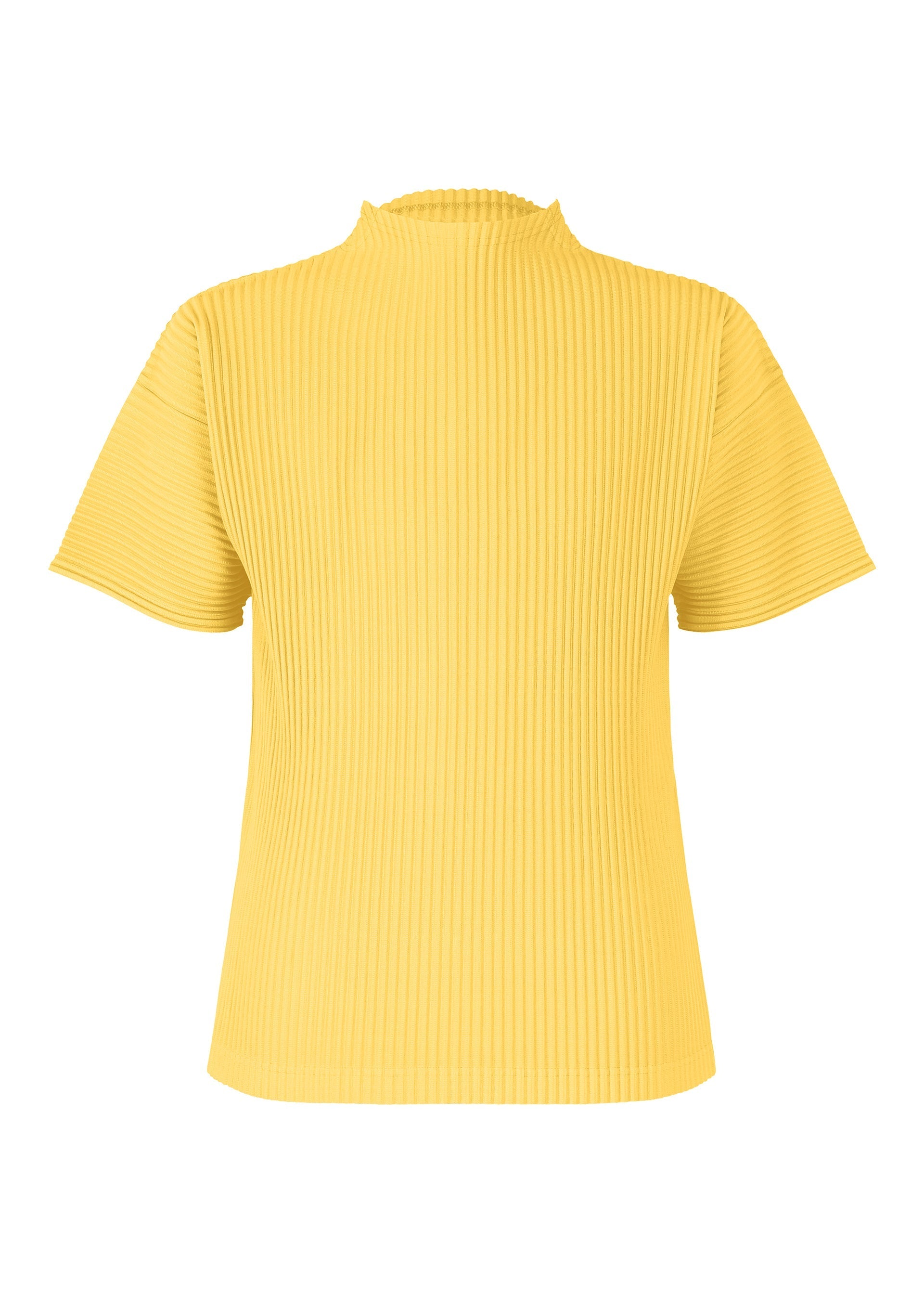 Zoomed view The MONTHLY COLORS : MARCH by HOMME PLISSÉ ISSEY MIYAKE is a short-sleeved, ribbed yellow mock-neck top in quick-drying polyester, displayed from the back against a plain white background. - AGAVE YELLOW （no.54）