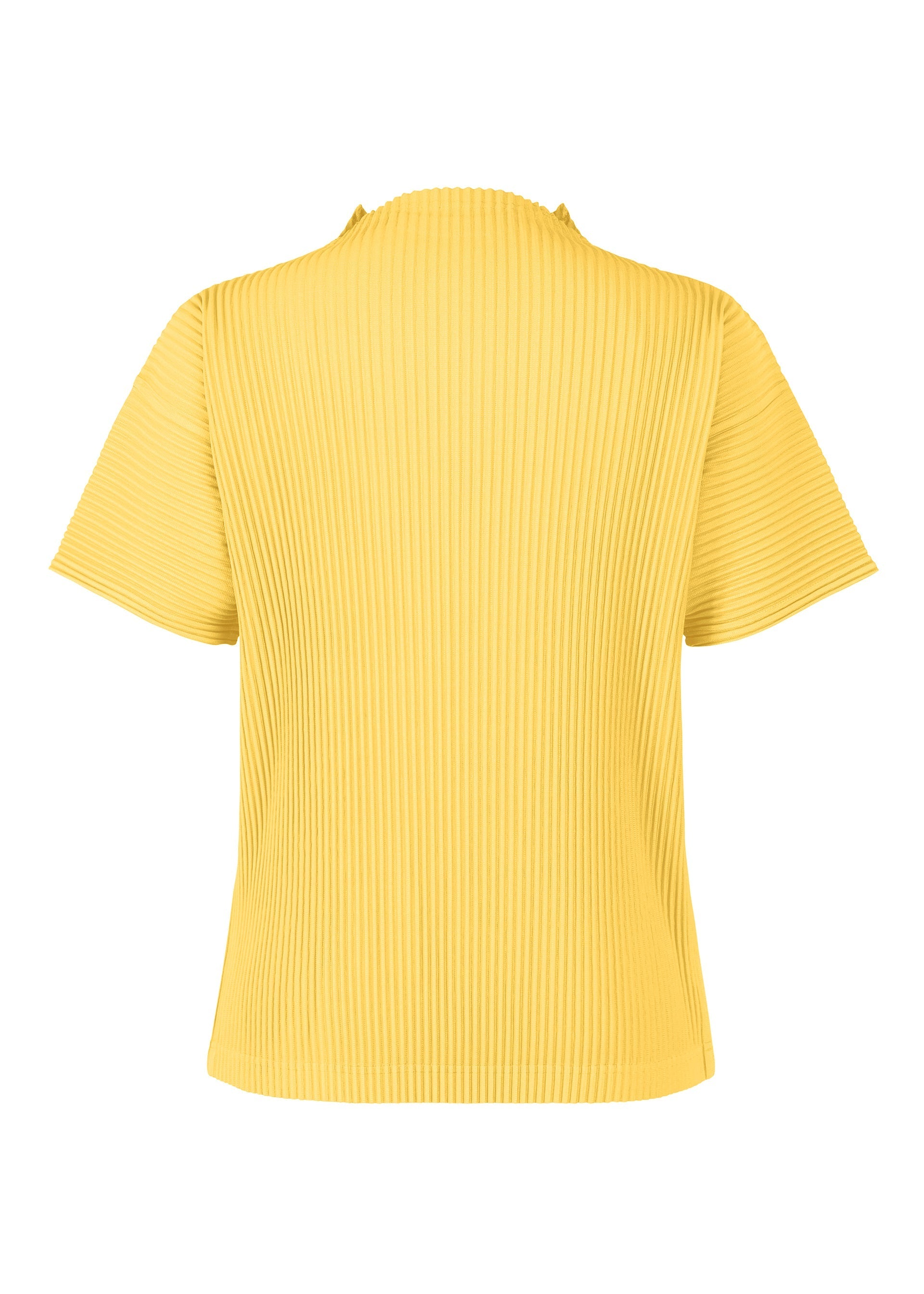 Zoomed view The HOMME PLISSÉ ISSEY MIYAKE MONTHLY COLORS : MARCH top, shown from the back against a white background, features short sleeves, a yellow ribbed mock neck, and quick-drying pleated polyester fabric.