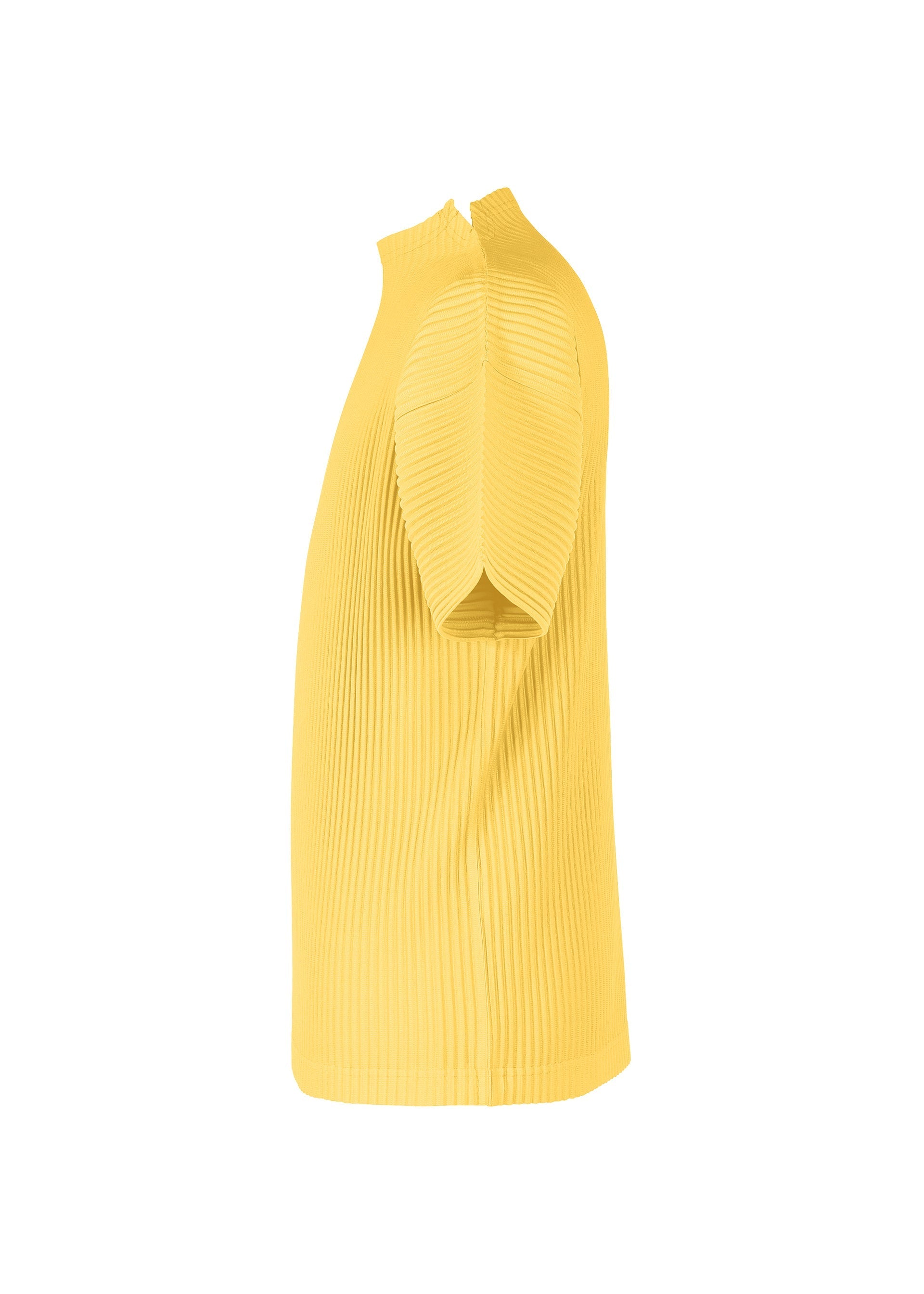 Zoomed view Side view of MONTHLY COLORS : MARCH by HOMME PLISSÉ ISSEY MIYAKE—a yellow, short-sleeved, ribbed mock-neck top with sculpted sleeves, textured quick-drying polyester fabric, and a straight hem. Set against a plain white background.