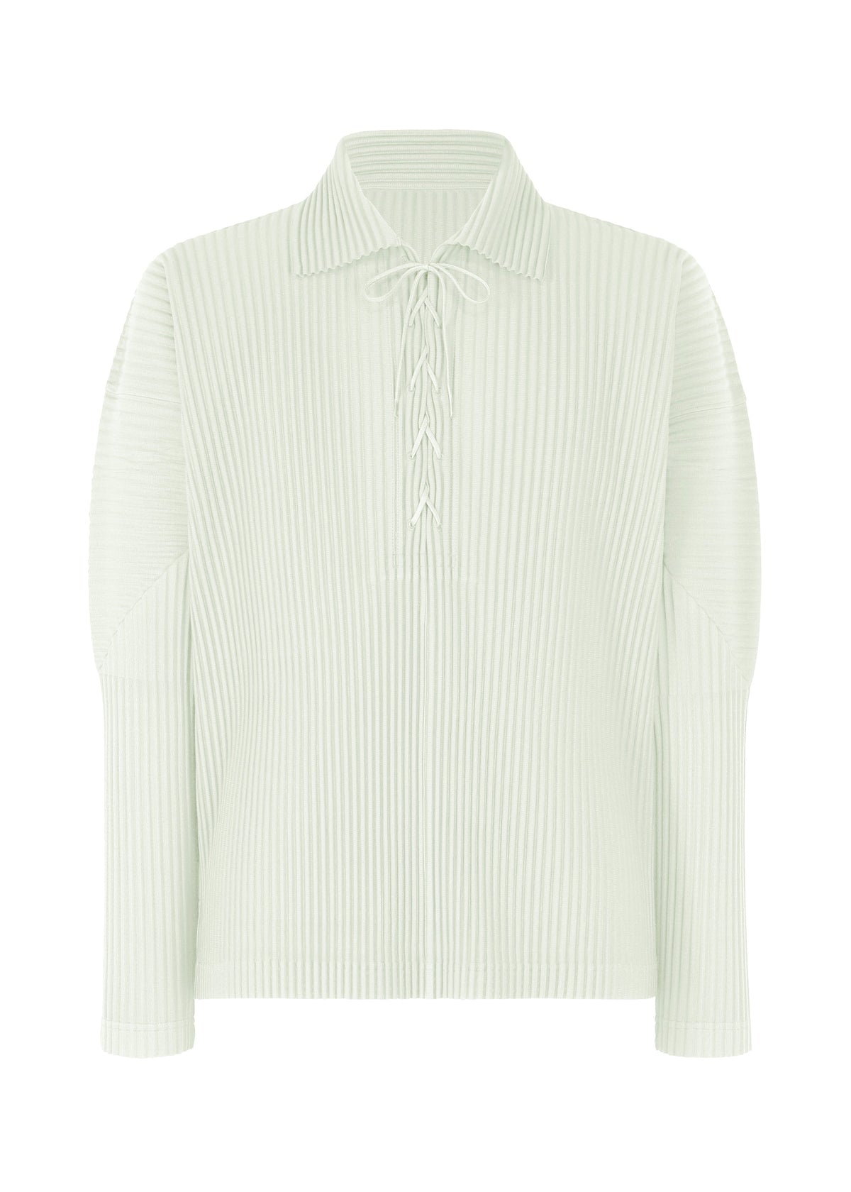 MONTHLY COLORS : MAY by HOMME PLISSÉ ISSEY MIYAKE is a light green, collared, long-sleeved ribbed knit pullover with front lace-up detail, offering a relaxed fit and minimalist style for effortless comfort. view 2 of 7