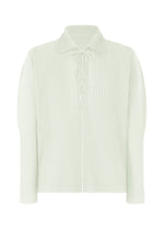 MONTHLY COLORS : MAY by HOMME PLISSÉ ISSEY MIYAKE is a light green, collared, long-sleeved ribbed knit pullover with front lace-up detail, offering a relaxed fit and minimalist style for effortless comfort. - DUOMO GREEN (no.60)
