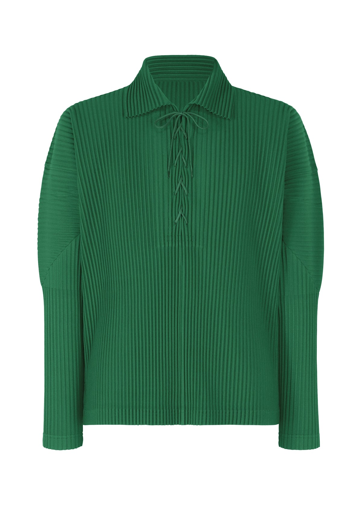 The MONTHLY COLORS : MAY top by HOMME PLISSÉ ISSEY MIYAKE is a green ribbed, collared long-sleeve featuring a lace-up neckline, shown against a plain white backdrop. view 3 of 7