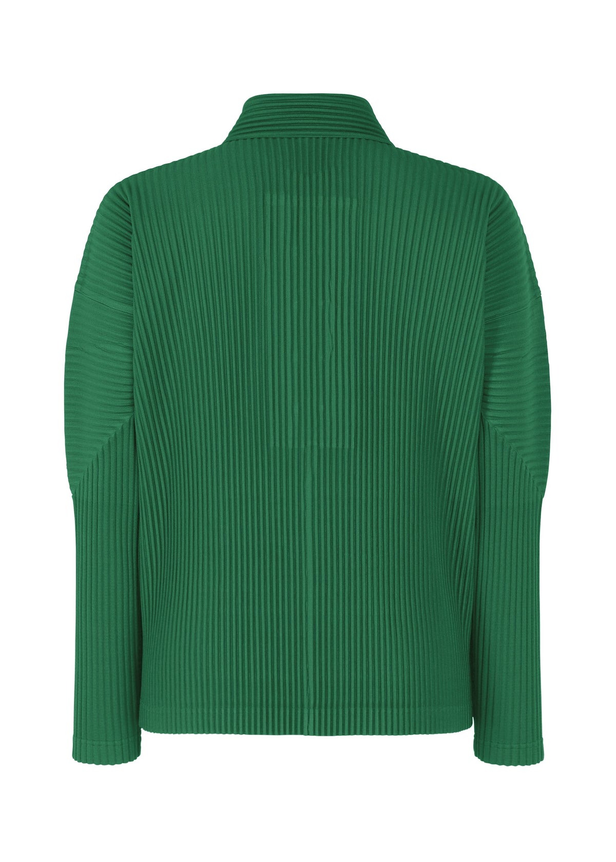 The MONTHLY COLORS : MAY by HOMME PLISSÉ ISSEY MIYAKE is a green, long-sleeved top with a high collar, ribbed texture, and pleated design shown from the back. view 4 of 7