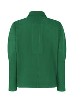 The MONTHLY COLORS : MAY by HOMME PLISSÉ ISSEY MIYAKE is a green, long-sleeved top with a high collar, ribbed texture, and pleated design shown from the back.