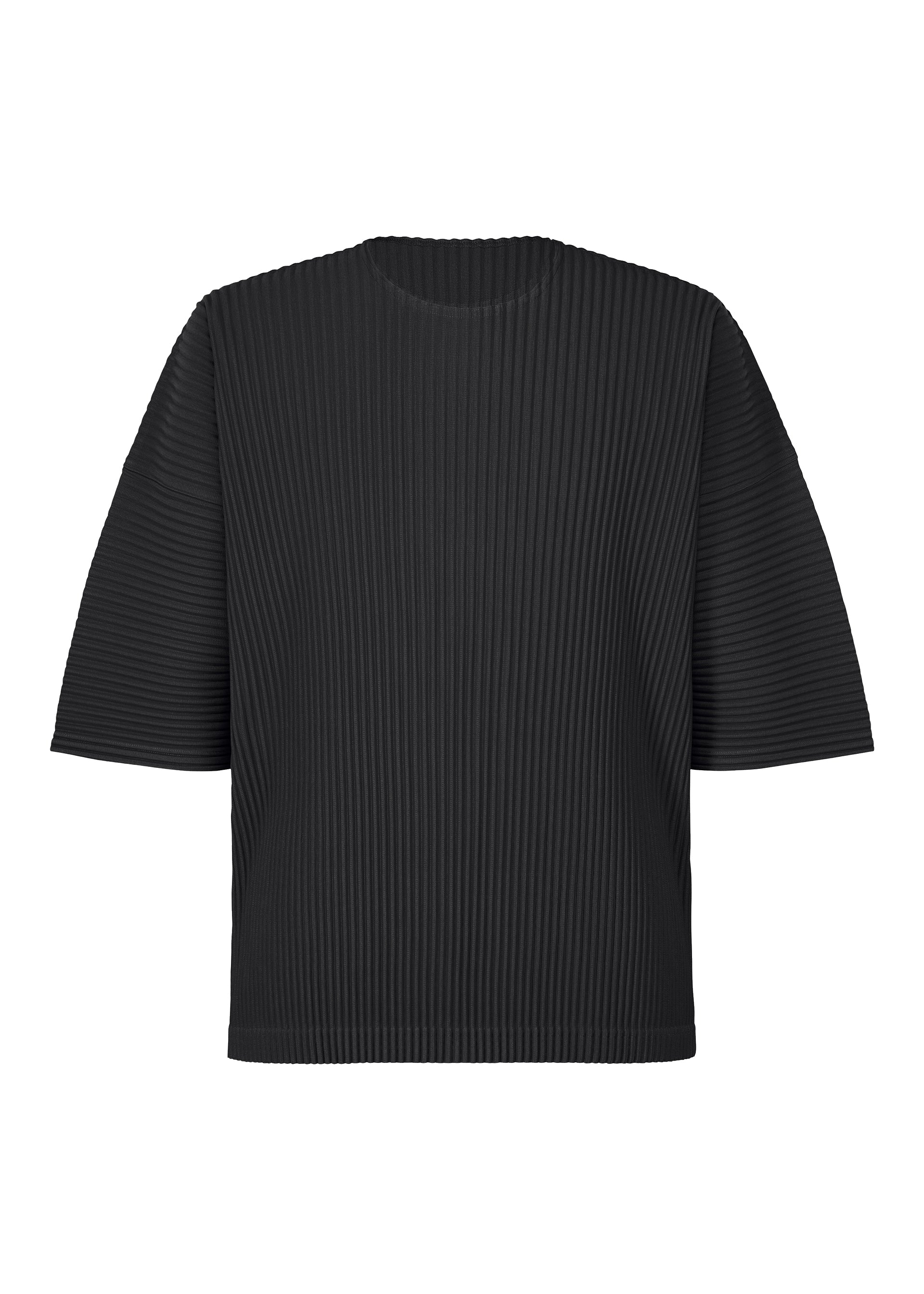 Zoomed view The MONTHLY COLORS : MAY top by HOMME PLISSÉ ISSEY MIYAKE is a black, pleated, round-neck short-sleeved polyester shirt with a quick-drying textured fabric, loose boxy fit, and no visible logos or patterns. - BLACK (no.15)