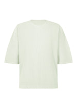 The HOMME PLISSÉ ISSEY MIYAKE MONTHLY COLORS : MAY top is light green, ribbed polyester with a crew neck, short sleeves, and a relaxed fit. It’s quick-drying and shown against a plain white background. - DUOMO GREEN (no.60)