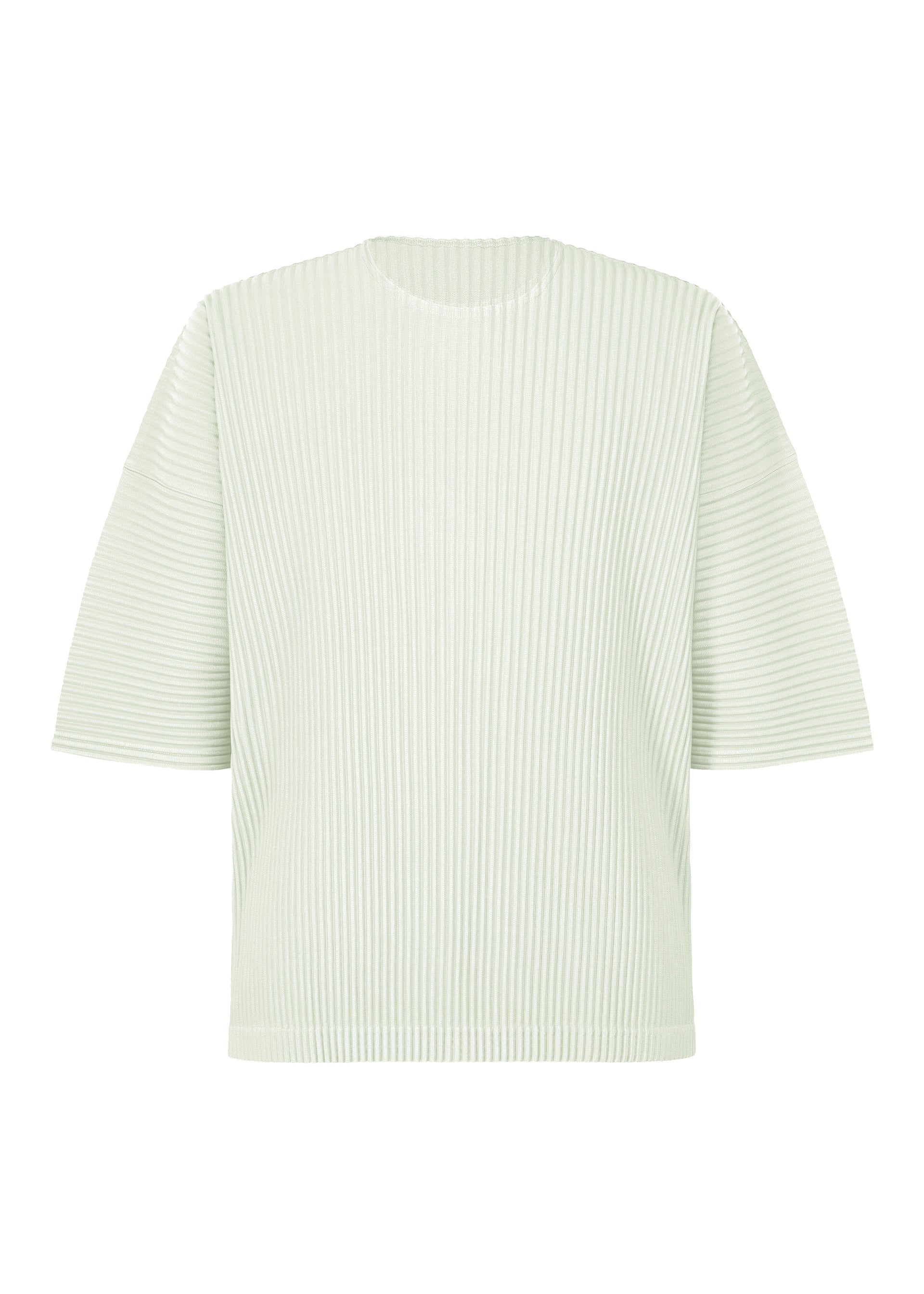 Zoomed view The HOMME PLISSÉ ISSEY MIYAKE MONTHLY COLORS : MAY top is light green, ribbed polyester with a crew neck, short sleeves, and a relaxed fit. It’s quick-drying and shown against a plain white background. - DUOMO GREEN (no.60)