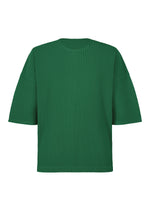 The MONTHLY COLORS : MAY top by HOMME PLISSÉ ISSEY MIYAKE is a green round-neck, short-sleeved polyester shirt with vertical pleats and quick-drying design, shown against a white background. - PF FENCE GREEN (no.67)
