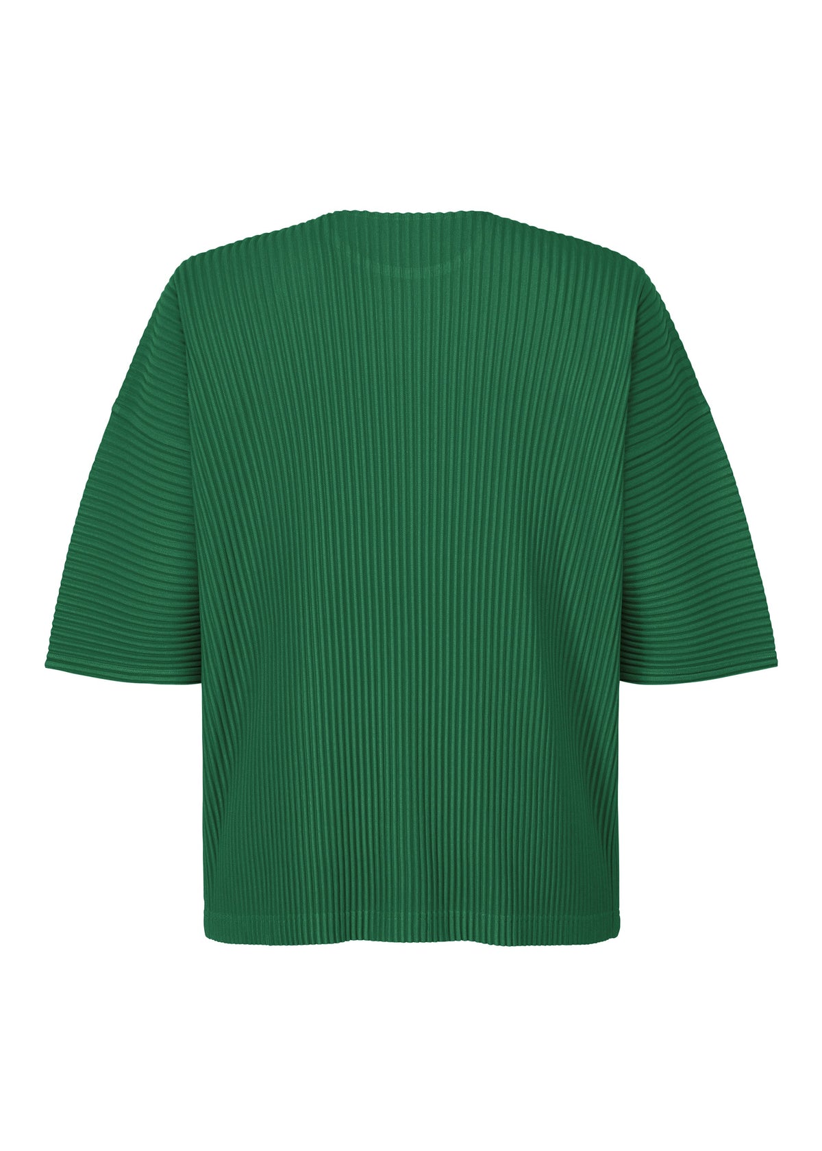 The "MONTHLY COLORS : MAY" top by HOMME PLISSÉ ISSEY MIYAKE is a green, round-neck, short-sleeved polyester with a boxy fit and vertical ribbed texture, shown from the back on a plain white background. view 4 of 6