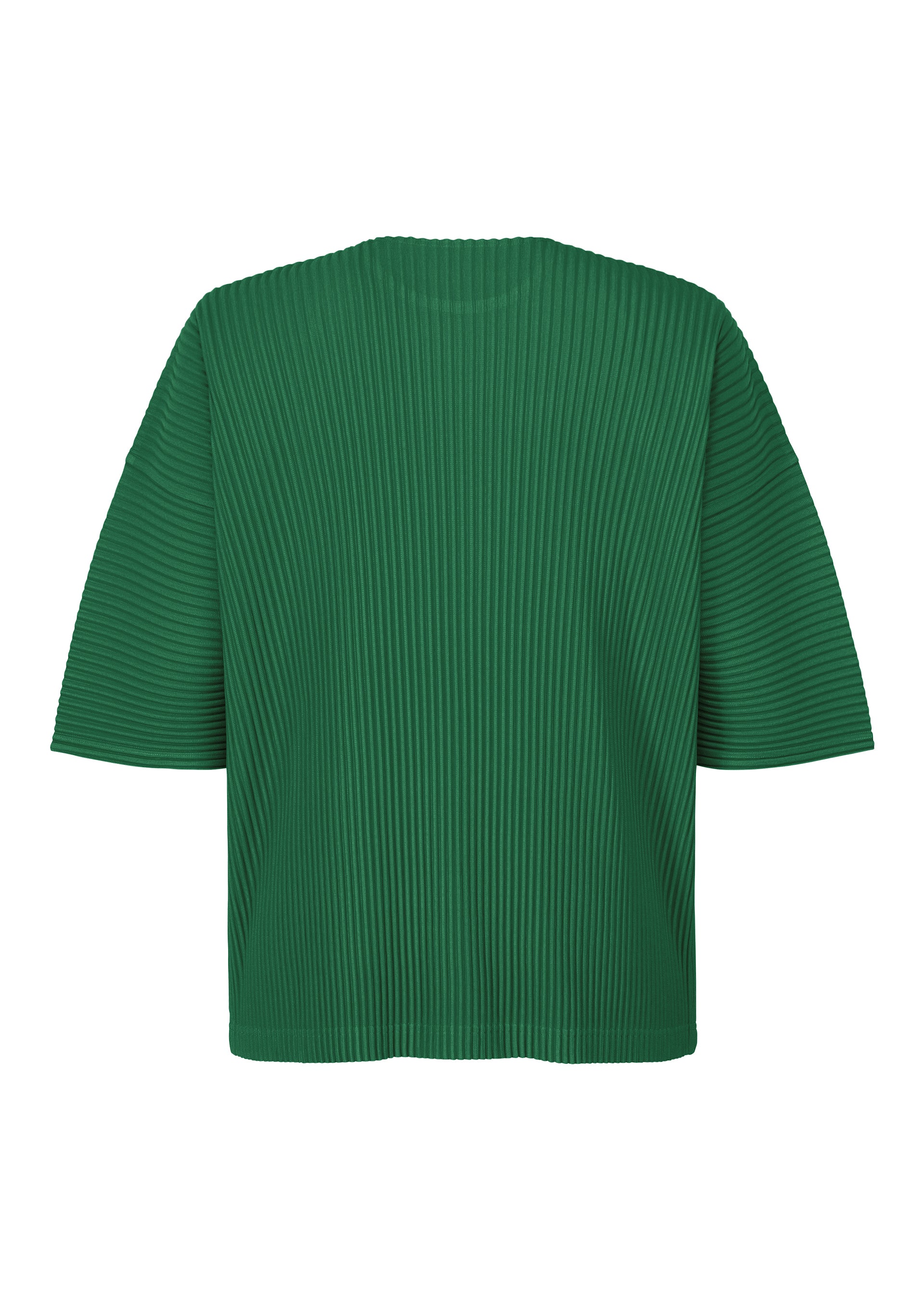 Zoomed view The "MONTHLY COLORS : MAY" top by HOMME PLISSÉ ISSEY MIYAKE is a green, round-neck, short-sleeved polyester with a boxy fit and vertical ribbed texture, shown from the back on a plain white background.