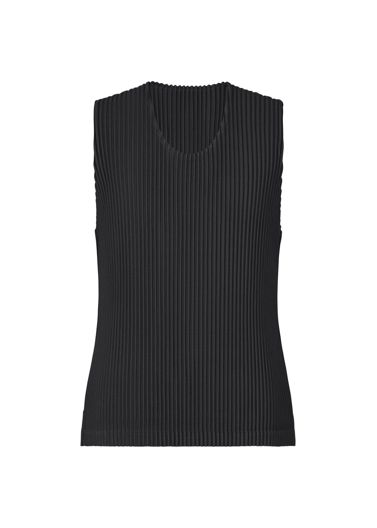 The MONTHLY COLORS : JUNE by HOMME PLISSÉ ISSEY MIYAKE is a sleeveless black ribbed knit top with a round neckline, made from quick-drying polyester and featuring vertical pleats, shown against a plain white background. view 1 of 8
