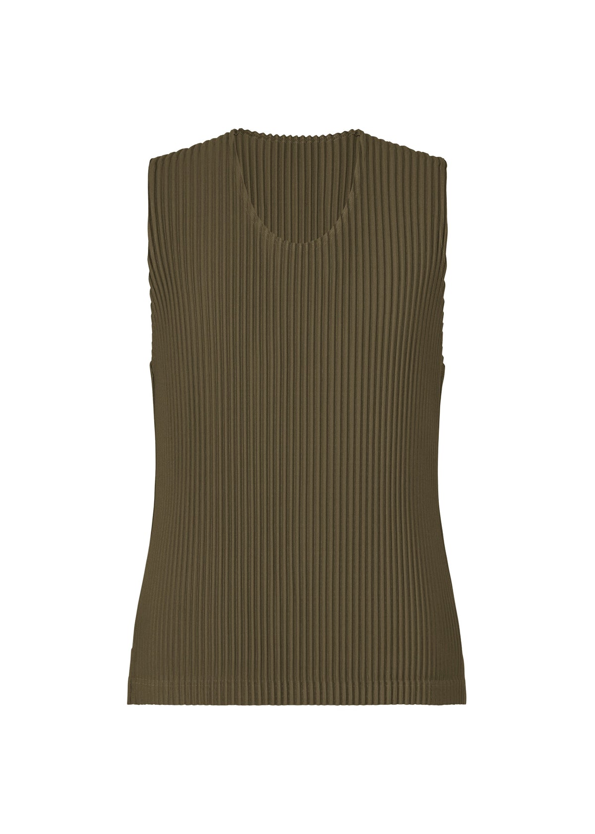 The MONTHLY COLORS : JUNE by HOMME PLISSÉ ISSEY MIYAKE is a sleeveless, olive-green ribbed knit top with a round neckline, crafted from quick-drying polyester and shown against a plain white background. view 2 of 8