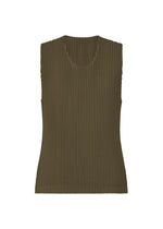 The MONTHLY COLORS : JUNE by HOMME PLISSÉ ISSEY MIYAKE is a sleeveless, olive-green ribbed knit top with a round neckline, crafted from quick-drying polyester and shown against a plain white background. - GENOVA METAL OCHER （no.37）