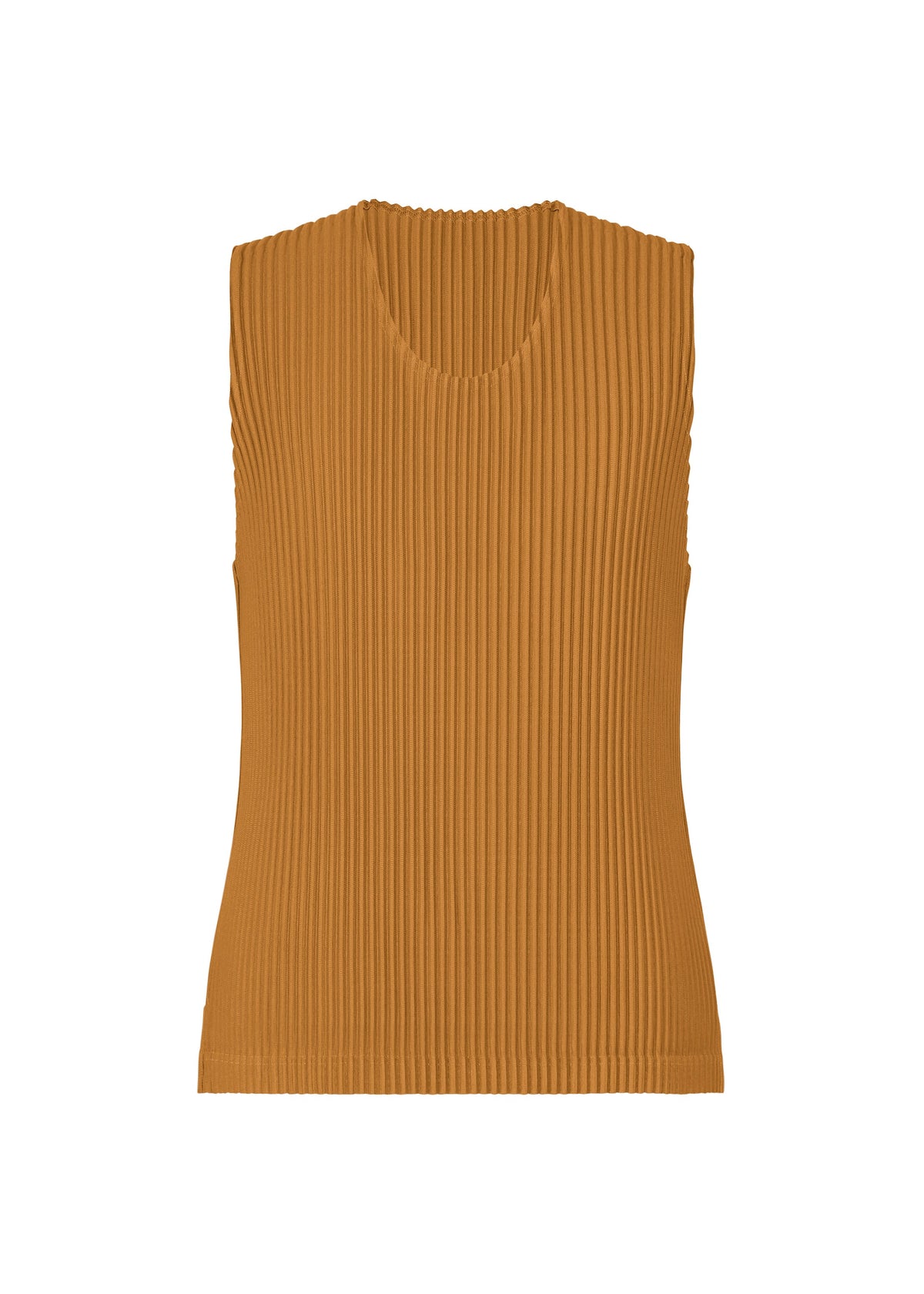The MONTHLY COLORS : JUNE top by HOMME PLISSÉ ISSEY MIYAKE is a sleeveless, ribbed knit in warm brown polyester with a round neckline and fitted silhouette, shown against a white background. view 3 of 8
