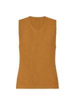 The MONTHLY COLORS : JUNE top by HOMME PLISSÉ ISSEY MIYAKE is a sleeveless, ribbed knit in warm brown polyester with a round neckline and fitted silhouette, shown against a white background. - VENICE BOAT BROWN （no.45）
