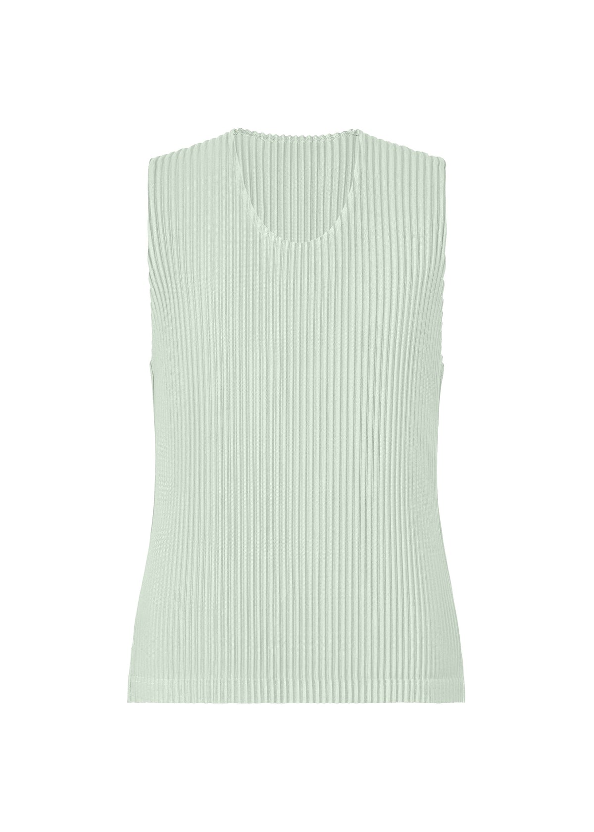 The MONTHLY COLORS : JUNE sleeveless ribbed knit top by HOMME PLISSÉ ISSEY MIYAKE features a light mint green hue, quick-drying polyester, round neckline, and straight hem, shown against a plain white background. view 4 of 8