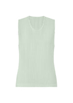 The MONTHLY COLORS : JUNE sleeveless ribbed knit top by HOMME PLISSÉ ISSEY MIYAKE features a light mint green hue, quick-drying polyester, round neckline, and straight hem, shown against a plain white background. - BOBOLI MOSS ASH （no.70）