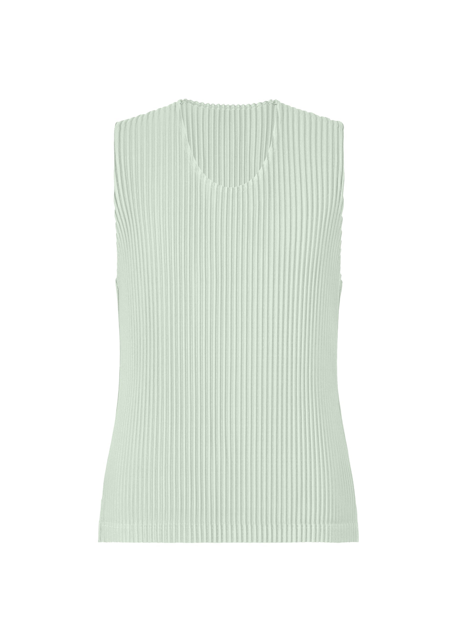 Zoomed view The MONTHLY COLORS : JUNE sleeveless ribbed knit top by HOMME PLISSÉ ISSEY MIYAKE features a light mint green hue, quick-drying polyester, round neckline, and straight hem, shown against a plain white background. - BOBOLI MOSS ASH （no.70）