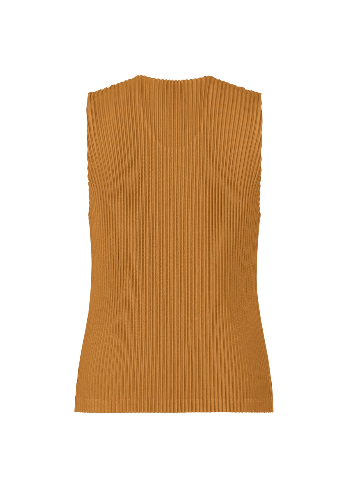 The MONTHLY COLORS : JUNE sleeveless, ribbed light brown top by HOMME PLISSÉ ISSEY MIYAKE features quick-drying polyester, a high neckline, and vertical pleats, shown against a plain white background. view 5 of 8