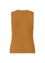 The MONTHLY COLORS : JUNE sleeveless, ribbed light brown top by HOMME PLISSÉ ISSEY MIYAKE features quick-drying polyester, a high neckline, and vertical pleats, shown against a plain white background.