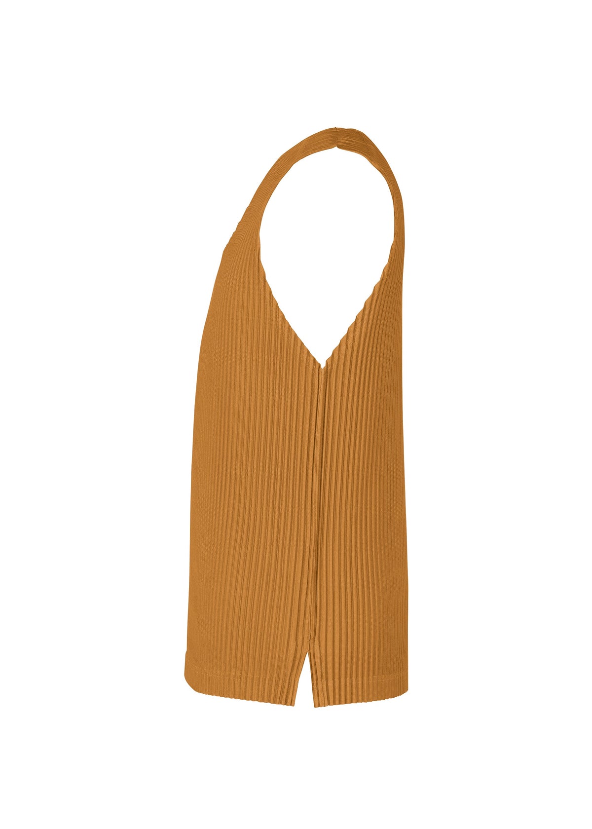 The MONTHLY COLORS : JUNE by HOMME PLISSÉ ISSEY MIYAKE is a sleeveless, ribbed mustard top with a deep V-neck and back, relaxed fit, front vertical seam, and made from quick-drying polyester. Shown on a white background. view 6 of 8