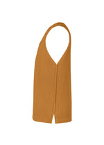 The MONTHLY COLORS : JUNE by HOMME PLISSÉ ISSEY MIYAKE is a sleeveless, ribbed mustard top with a deep V-neck and back, relaxed fit, front vertical seam, and made from quick-drying polyester. Shown on a white background.