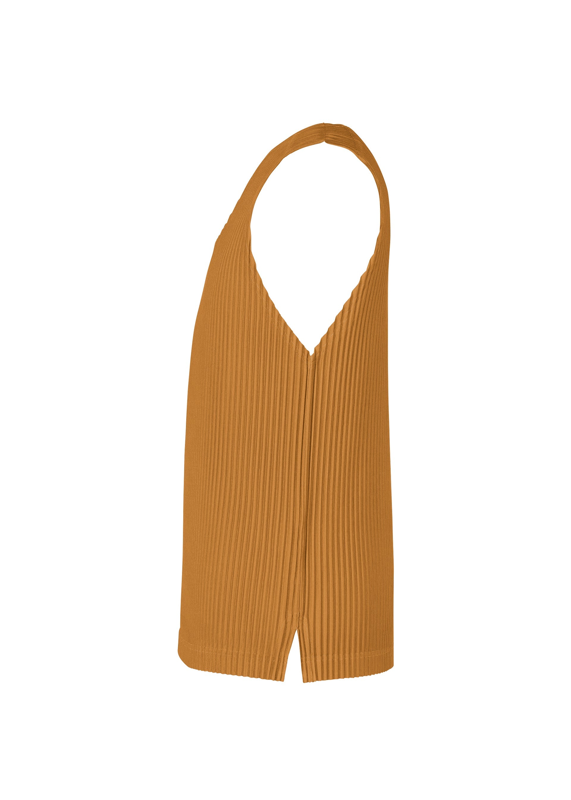 Zoomed view The MONTHLY COLORS : JUNE by HOMME PLISSÉ ISSEY MIYAKE is a sleeveless, ribbed mustard top with a deep V-neck and back, relaxed fit, front vertical seam, and made from quick-drying polyester. Shown on a white background.