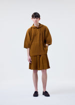 A person with short dark hair wears the HOMME PLISSÉ ISSEY MIYAKE MONTHLY COLORS : JUNE lightweight brown hooded pullover and matching pleated skirt, standing against a plain white background.