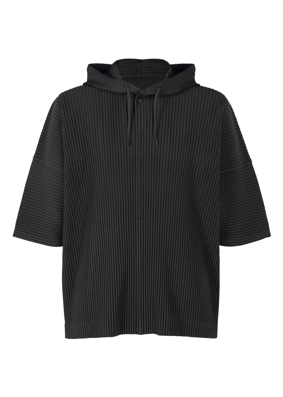 The MONTHLY COLORS : JUNE hoodie by HOMME PLISSÉ ISSEY MIYAKE is a black, lightweight, short-sleeve pullover with ribbed texture, front drawstrings, quick-dry fabric, loose fit, and a large front pocket for comfort and convenience. view 1 of 8