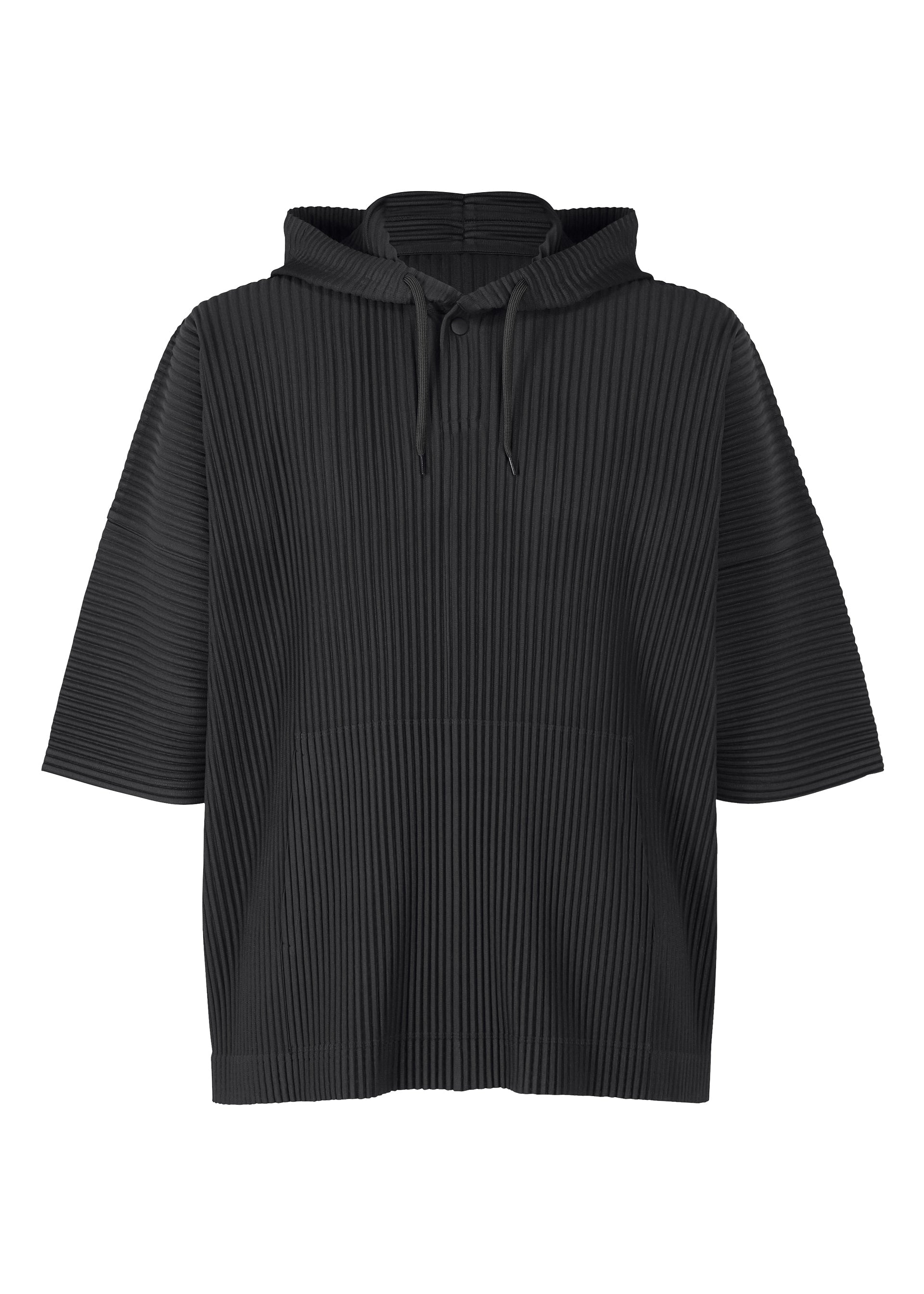 Zoomed view The MONTHLY COLORS : JUNE hoodie by HOMME PLISSÉ ISSEY MIYAKE is a black, lightweight, short-sleeve pullover with ribbed texture, front drawstrings, quick-dry fabric, loose fit, and a large front pocket for comfort and convenience. - BLACK （no.15）