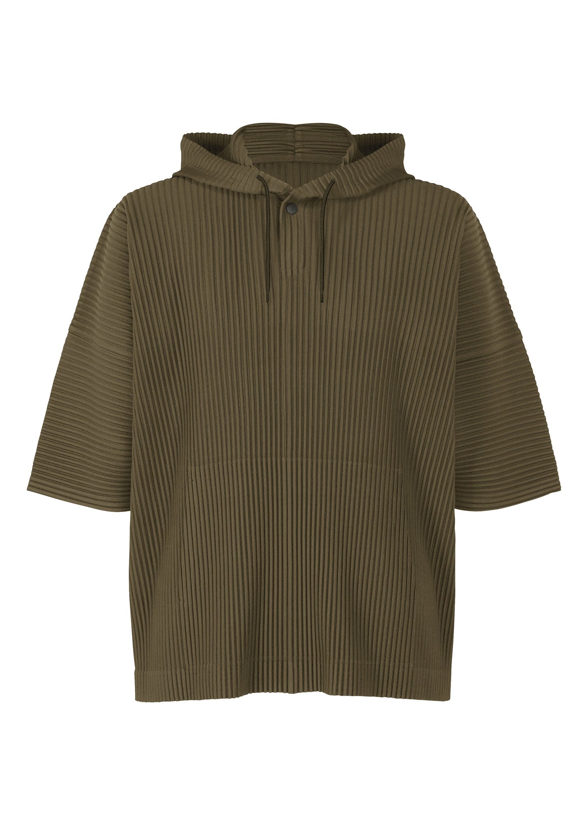 The MONTHLY COLORS : JUNE by HOMME PLISSÉ ISSEY MIYAKE is a lightweight, olive green short-sleeve hooded pullover with ribbed textured fabric, a front kangaroo pocket, drawstring hood, and single button neckline closure. view 2 of 8